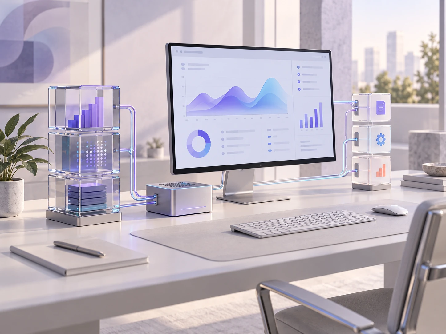 High-end 3D enterprise workspace showing connected analytics, automation and AI systems